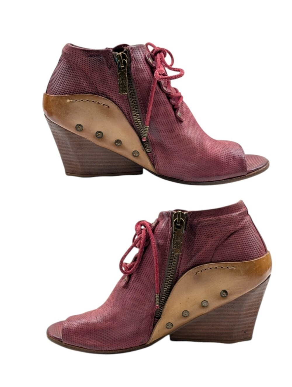 A.S.98 Burgundy Leather Peep Toe Lace-Up Wedge Booties EU 38 US 7.5/8   S4249 - Picture 8 of 12